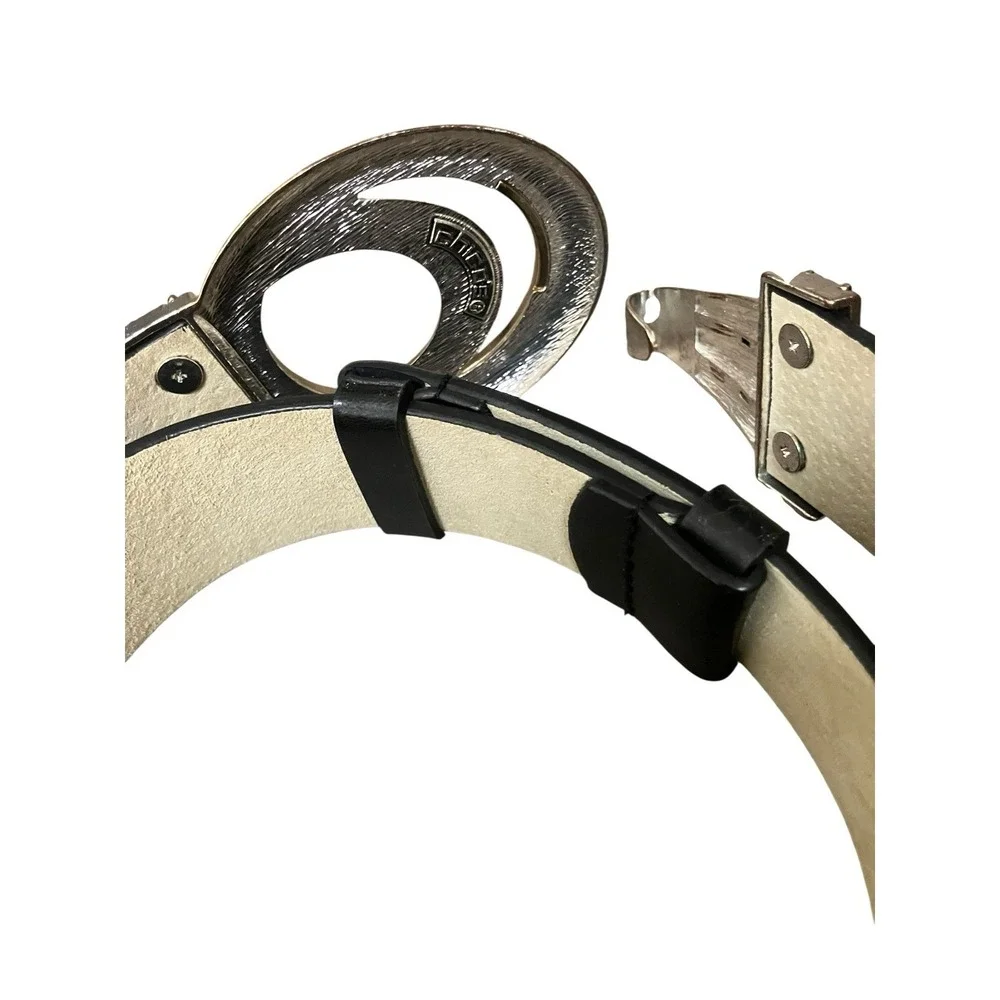 CHICOs Belt Leather Black Gold Silver Tone Hook Buckle Art To Wear Statement S/M